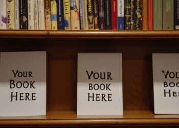 A bookshelf with spaces for new books, labeled with "Your Book Here" placeholders