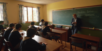 A bright, sunlit classroom with wooden desks arranged in a semicircle. Students in uniforms are attentively listening to a teacher standing near a chalkboard with Latin phrases written on it.