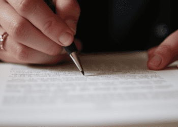 A close-up photograph of an author's hands signing a publishing contract