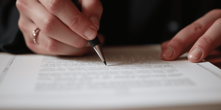 A close-up photograph of an author's hands signing a publishing contract