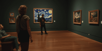 A wide-angle shot of a museum gallery, focusing on two people. One person stands in front of Van Gogh's "The Starry Night", while another sits on a bench, eyes closed, appearing to be in deep thought or reciting poetry.