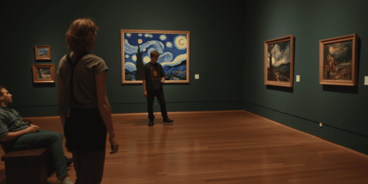 A wide-angle shot of a museum gallery, focusing on two people. One person stands in front of Van Gogh's "The Starry Night", while another sits on a bench, eyes closed, appearing to be in deep thought or reciting poetry.