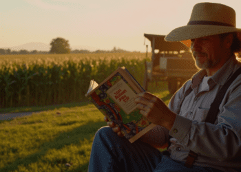 Amish farmer reading a secular book on his farmhouse porch at sunset