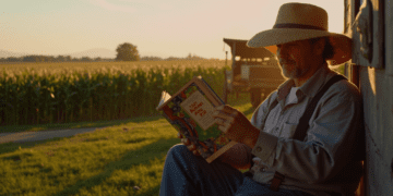 Amish farmer reading a secular book on his farmhouse porch at sunset