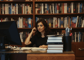 person at a desk surrounded by books and a computer, representing a book publicist at work