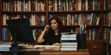 person at a desk surrounded by books and a computer, representing a book publicist at work
