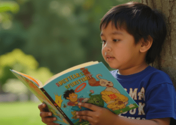 oung Filipino child reading a colorful storybook outdoors