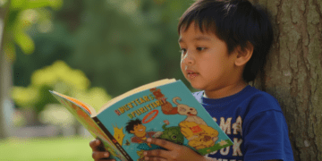 oung Filipino child reading a colorful storybook outdoors