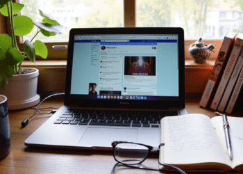 Modern author's workspace with laptop, books, and coffee on a wooden desk near window, showcasing the blend of traditional writing and digital presence management