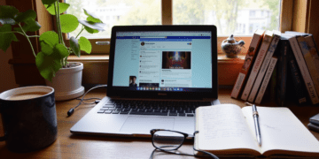 Modern author's workspace with laptop, books, and coffee on a wooden desk near window, showcasing the blend of traditional writing and digital presence management
