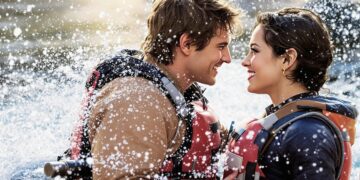 Film analysis - romantic adventure movie "A Whitewater Romance" focusing on production details, cast, filming locations, and technical challenges of water-based cinematography